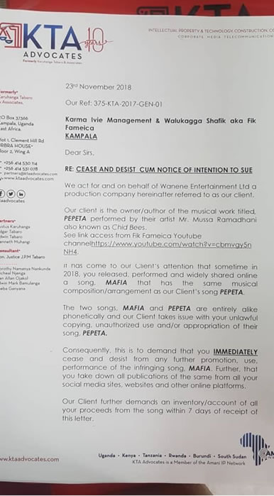 chin bees letter suing fik fameica